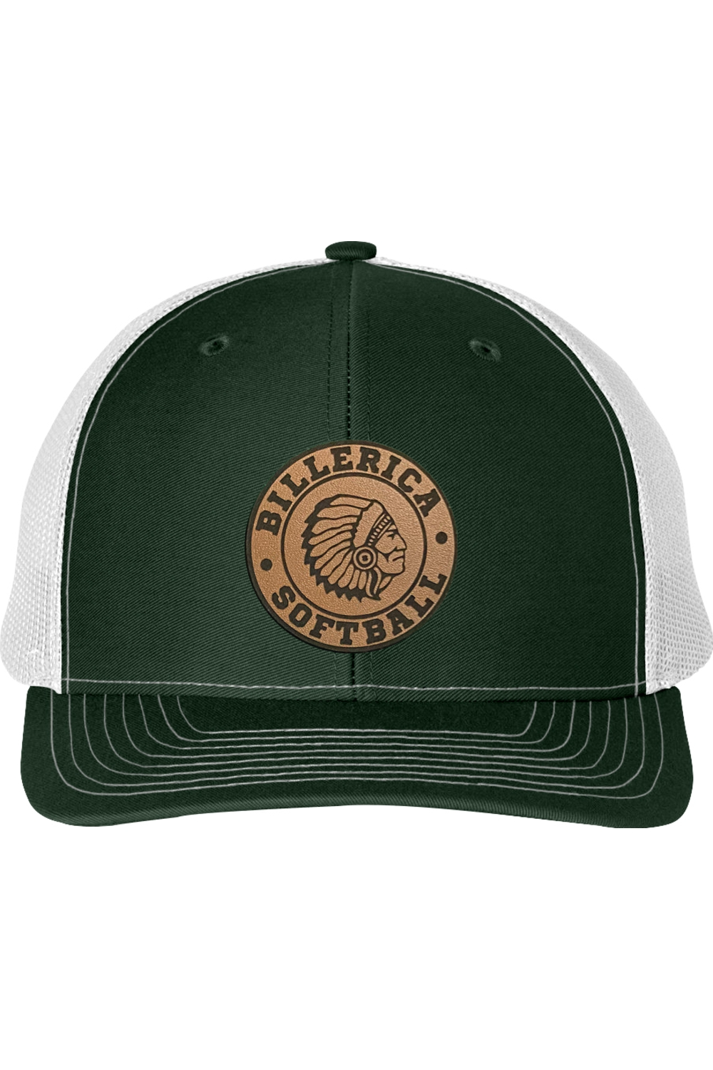 Billerica Softball Green & White Snapback Trucker with Leather Patch