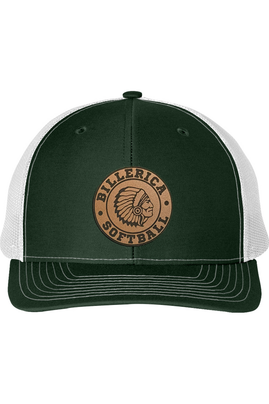 Billerica Softball Green & White Snapback Trucker with Leather Patch